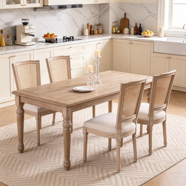 English Elm French Country Dining Chair Set Rattan Square Back Carved Solid Wood Linen Seat W3426P500276