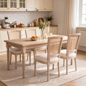 English Elm French Country Dining Chair Set Rattan Square Back Carved Solid Wood Linen Seat W3426P500276