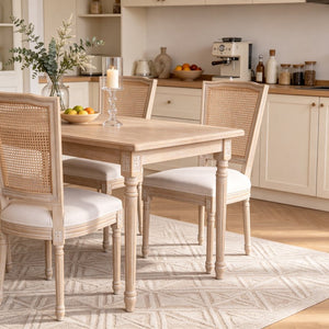 English Elm French Country Dining Chair Set Rattan Square Back Carved Solid Wood Linen Seat W3426P500276
