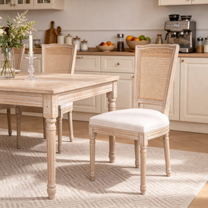 English Elm French Country Dining Chair Set Rattan Square Back Carved Solid Wood Linen Seat W3426P500276