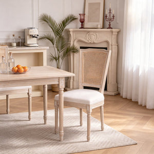English Elm French Country Dining Chair Set Rattan Square Back Carved Solid Wood Linen Seat W3426P500276