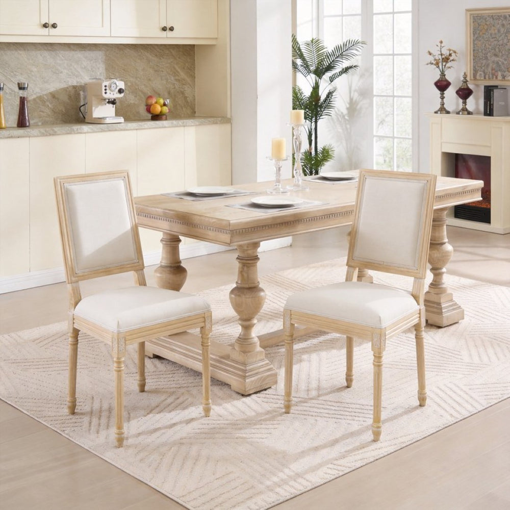English Elm French Country Carved Wood Dining Chair Set Linen Upholstered Square Back Farmhouse Beige W3426P508561