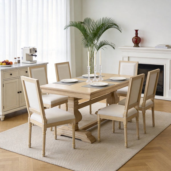 English Elm French Country Carved Wood Dining Chair Set Linen Upholstered Square Back Farmhouse Beige W3426P508561