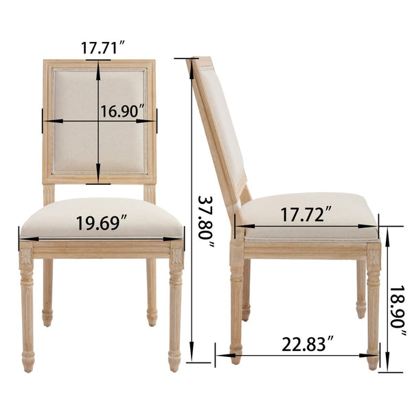 English Elm French Country Carved Wood Dining Chair Set Linen Upholstered Square Back Farmhouse Beige W3426P508561