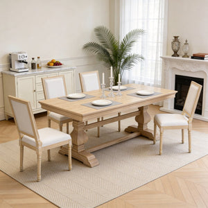 English Elm French Country Carved Wood Dining Chair Set Linen Upholstered Square Back Farmhouse Beige W3426P508561