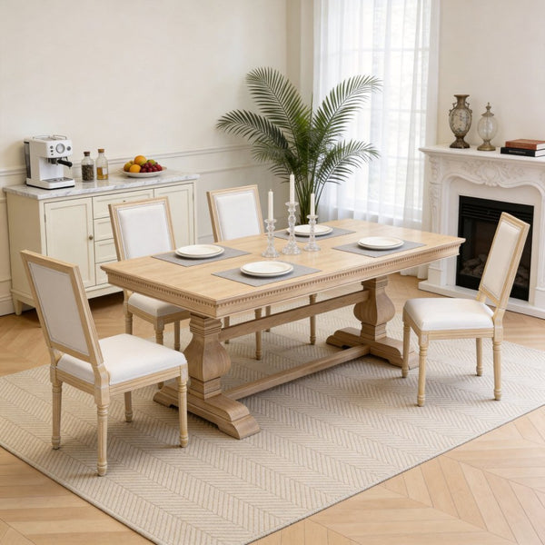 English Elm French Country Carved Wood Dining Chair Set Linen Upholstered Square Back Farmhouse Beige W3426P508561