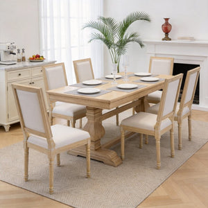 English Elm French Country Carved Wood Dining Chair Set Linen Upholstered Square Back Farmhouse Beige W3426P508561