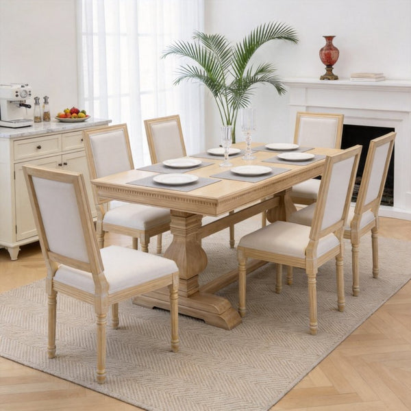 English Elm French Country Carved Wood Dining Chair Set Linen Upholstered Square Back Farmhouse Beige W3426P508561
