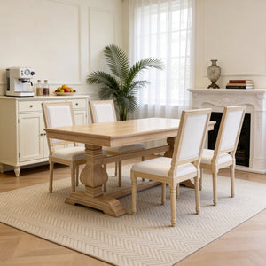 English Elm French Country Carved Wood Dining Chair Set Linen Upholstered Square Back Farmhouse Beige W3426P508561