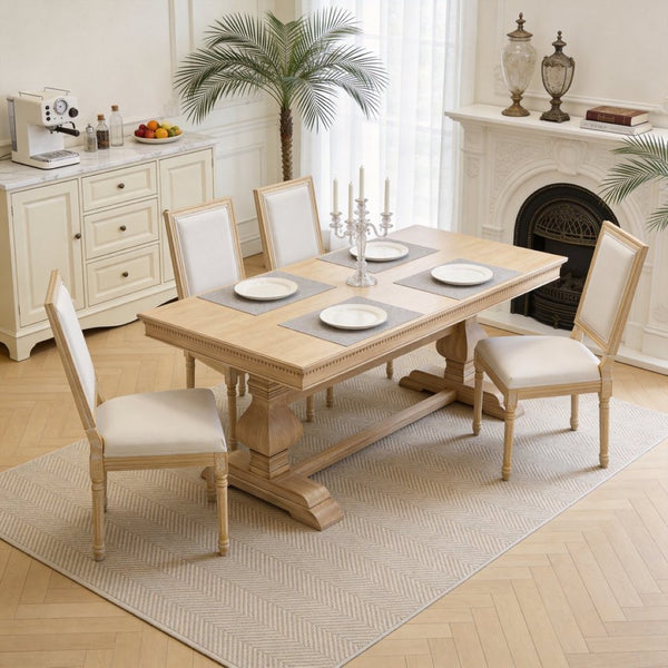 English Elm French Country Carved Wood Dining Chair Set Linen Upholstered Square Back Farmhouse Beige W3426P508561