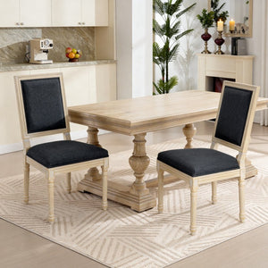 English Elm French Country Carved Wood Dining Chair Set Linen Upholstered Square Back Farmhouse Grey W3426P508563