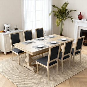English Elm French Country Carved Wood Dining Chair Set Linen Upholstered Square Back Farmhouse Grey W3426P508563