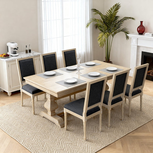 English Elm French Country Carved Wood Dining Chair Set Linen Upholstered Square Back Farmhouse Grey W3426P508563