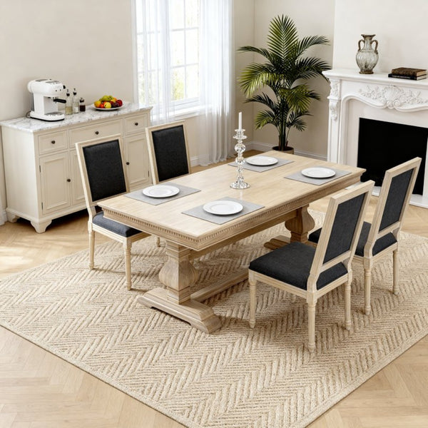 English Elm French Country Carved Wood Dining Chair Set Linen Upholstered Square Back Farmhouse Grey W3426P508563