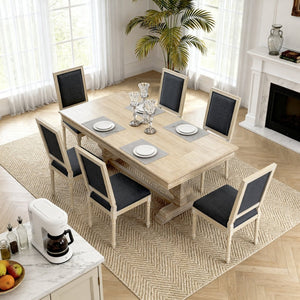 English Elm French Country Carved Wood Dining Chair Set Linen Upholstered Square Back Farmhouse Grey W3426P508563