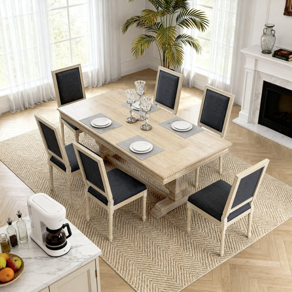 English Elm French Country Carved Wood Dining Chair Set Linen Upholstered Square Back Farmhouse Grey W3426P508563