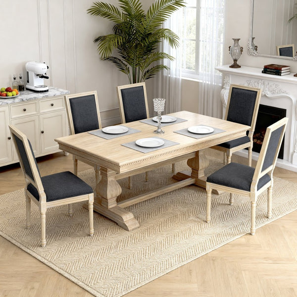 English Elm French Country Carved Wood Dining Chair Set Linen Upholstered Square Back Farmhouse Grey W3426P508563