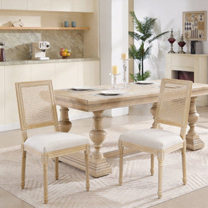 English Elm French Country Dining Chair Set Rattan Square Back Carved Solid Wood Linen Seat Beige W3426P508565