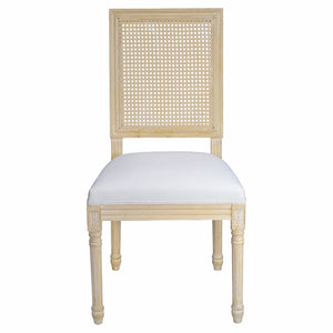 English Elm French Country Dining Chair Set Rattan Square Back Carved Solid Wood Linen Seat Beige W3426P508565