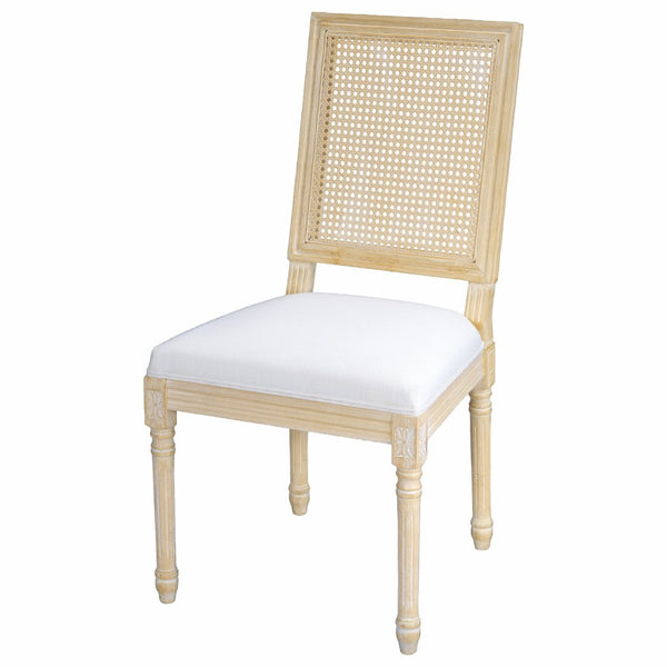 English Elm French Country Dining Chair Set Rattan Square Back Carved Solid Wood Linen Seat Beige W3426P508565