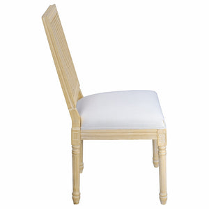 English Elm French Country Dining Chair Set Rattan Square Back Carved Solid Wood Linen Seat Beige W3426P508565