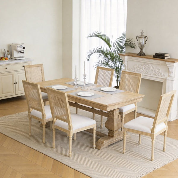 English Elm French Country Dining Chair Set Rattan Square Back Carved Solid Wood Linen Seat Beige W3426P508565