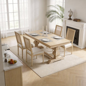 English Elm French Country Dining Chair Set Rattan Square Back Carved Solid Wood Linen Seat Beige W3426P508565