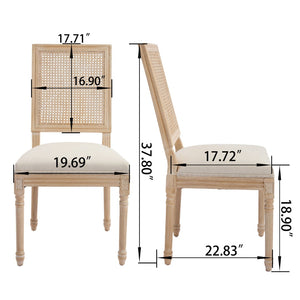 English Elm French Country Dining Chair Set Rattan Square Back Carved Solid Wood Linen Seat Beige W3426P508565