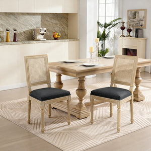 English Elm French Country Dining Chair Set Rattan Square Back Carved Solid Wood Linen Seat Grey W3426P508566
