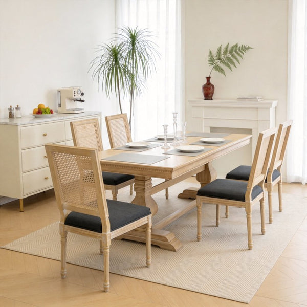 English Elm French Country Dining Chair Set Rattan Square Back Carved Solid Wood Linen Seat Grey W3426P508566