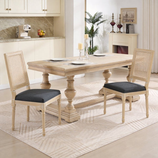 English Elm French Country Dining Chair Set Rattan Square Back Carved Solid Wood Linen Seat Grey W3426P508566