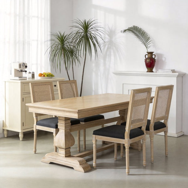 English Elm French Country Dining Chair Set Rattan Square Back Carved Solid Wood Linen Seat Grey W3426P508566