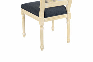English Elm French Country Dining Chair Set Rattan Square Back Carved Solid Wood Linen Seat Grey W3426P508566