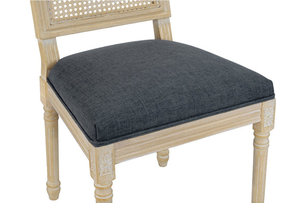 English Elm French Country Dining Chair Set Rattan Square Back Carved Solid Wood Linen Seat Grey W3426P508566