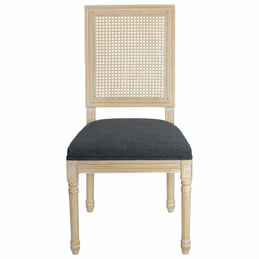 English Elm French Country Dining Chair Set Rattan Square Back Carved Solid Wood Linen Seat Grey W3426P508566