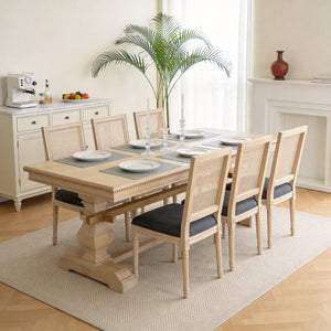 English Elm French Country Dining Chair Set Rattan Square Back Carved Solid Wood Linen Seat Grey W3426P508566