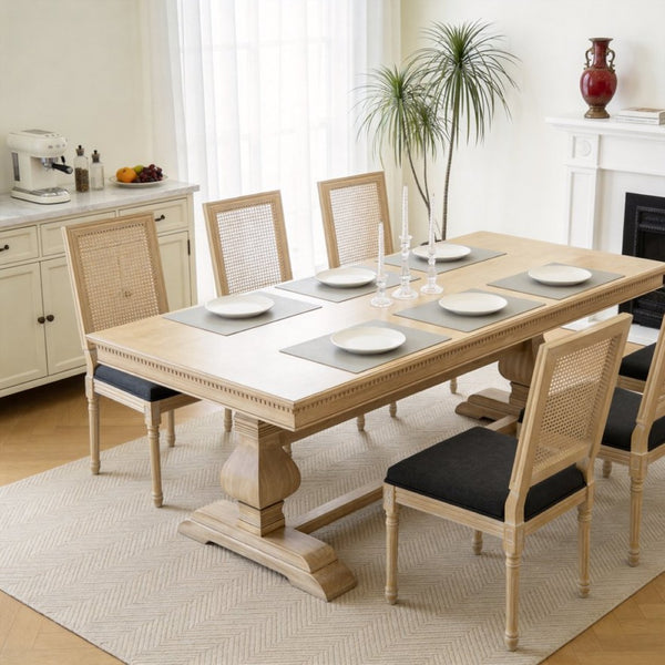 English Elm French Country Dining Chair Set Rattan Square Back Carved Solid Wood Linen Seat Grey W3426P508566