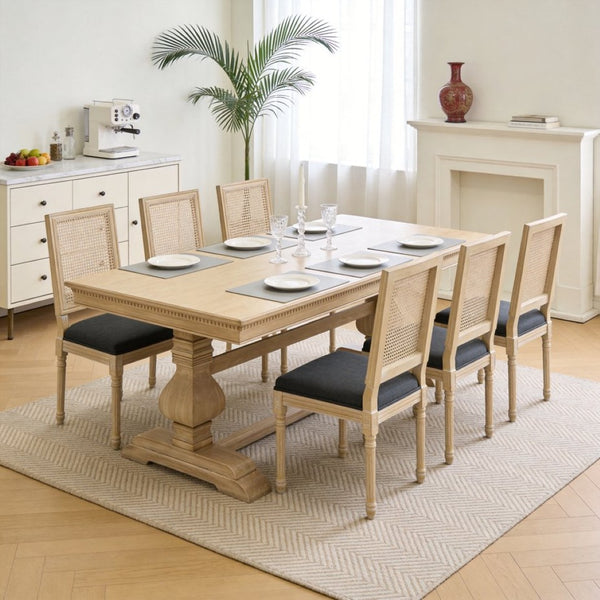 English Elm French Country Dining Chair Set Rattan Square Back Carved Solid Wood Linen Seat Grey W3426P508566