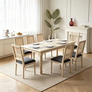 English Elm French Country Dining Chair Set Rattan Square Back Carved Solid Wood Linen Seat Grey W3426P508566