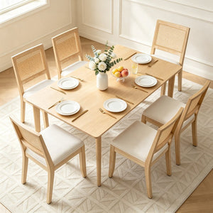 English Elm Farmhouse Rattan Dining Chair Set Solid Wood Legs Woven Cane Back Linen Seat Beige W3426P516824