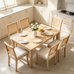 English Elm Farmhouse Rattan Dining Chair Set Solid Wood Legs Woven Cane Back Linen Seat Beige W3426P516824
