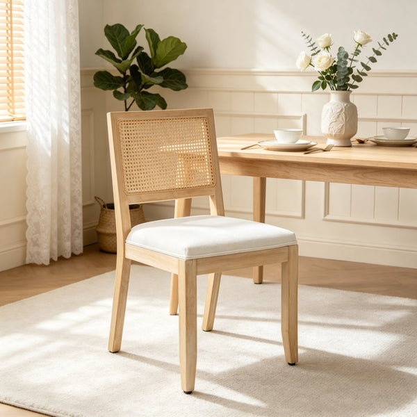 English Elm Farmhouse Rattan Dining Chair Set Solid Wood Legs Woven Cane Back Linen Seat Beige W3426P516824
