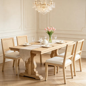 English Elm Farmhouse Rattan Dining Chair Set Solid Wood Legs Woven Cane Back Linen Seat Beige W3426P516824