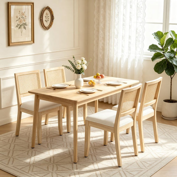 English Elm Farmhouse Rattan Dining Chair Set Solid Wood Legs Woven Cane Back Linen Seat Beige W3426P516824