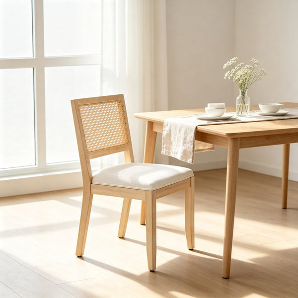 English Elm Farmhouse Rattan Dining Chair Set Solid Wood Legs Woven Cane Back Linen Seat Beige W3426P516824