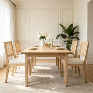 English Elm Farmhouse Rattan Dining Chair Set Solid Wood Legs Woven Cane Back Linen Seat Beige W3426P516824