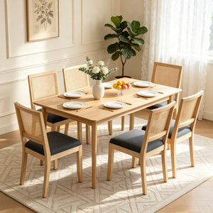 English Elm Farmhouse Rattan Dining Chair Set Solid Wood Legs Woven Cane Back Linen Seat Grey W3426P516829