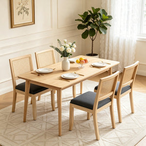 English Elm Farmhouse Rattan Dining Chair Set Solid Wood Legs Woven Cane Back Linen Seat Grey W3426P516829