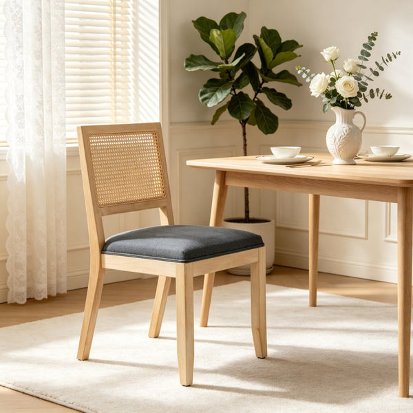 English Elm Farmhouse Rattan Dining Chair Set Solid Wood Legs Woven Cane Back Linen Seat Grey W3426P516829