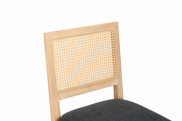 English Elm Farmhouse Rattan Dining Chair Set Solid Wood Legs Woven Cane Back Linen Seat Grey W3426P516829
